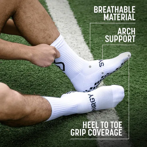Vista 4 de Calcetines antideslizantes para fútbol, fútbol, hockey con agarre interior y exterior para hombres y mujeres (blanco)