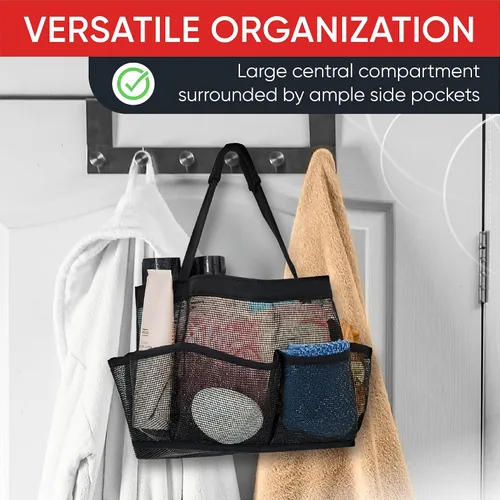 Vista 6 de Masirs – Organizador de ducha de malla con 9 bolsillos, bolsa portátil para baño para viajes, gimnasio y dormitorio - Bolsa de ducha pequeña