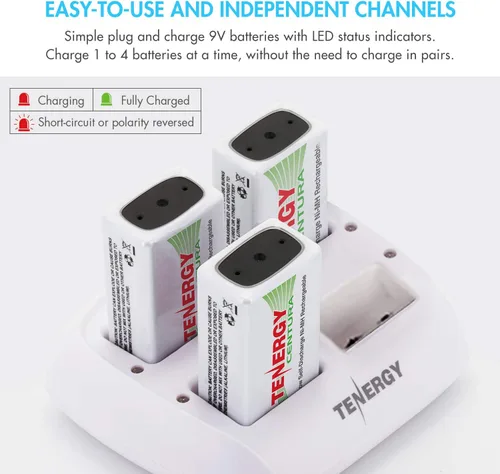 Vista 6 de Tenergy TN136 Cargador inteligente de 4 bahías 9V con 4 piezas 9V Tenergy Centura (baja autodescarga) NiMH 200mah baterías recargables