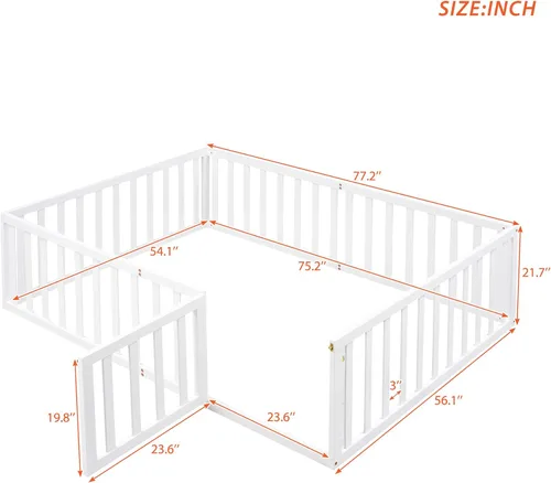 Vista 2 de Harper & Bright Designs Cama de suelo Montessori de tamaño matrimonial con rieles, marco de madera con valla y puerta, para niños y niñas (blanco)