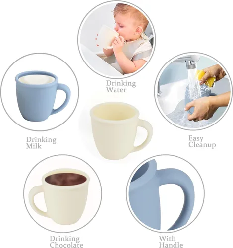 Vista 7 de Taza de entrenamiento de silicona para bebés y niños, taza de aprendizaje para niños pequeños con asas, taza abierta para bebés de 6 meses y 4 Azul