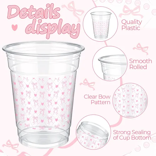 Vista 7 de Qinyoung 100 vasos de plástico con lazo rosa de 12 onzas, vasos desechables de coqueta, lazo rosa y corazón, vasos de plástico transparente