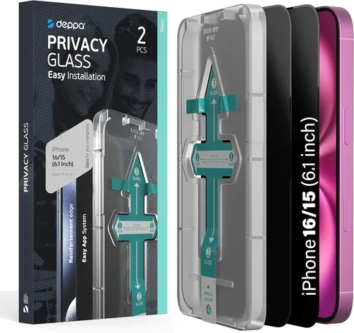 Vista 10 de Deppa Protector de pantalla de privacidad premium para iPhone 15 Pro (6.1 pies), vidrio templado de borde a borde, cubierta completa con bandeja