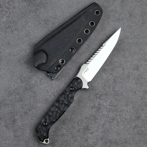 Vista 2 de LR-869 EDC - Cuchillas tácticas fijas de combate, espiga completa 14C28N de acero Reverse Serrations G10/mango de lino, funda Kydex para camping
