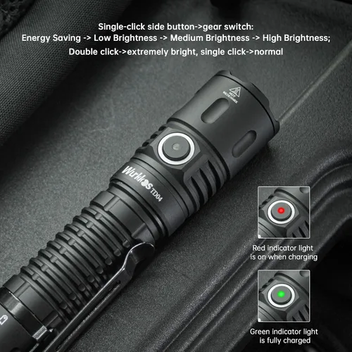 Vista 4 de Linterna táctica Wurkkos TD04, linternas de mano recargables, linterna LED súper brillante de 3000 lúmenes con puerto de carga tipo C, interruptor