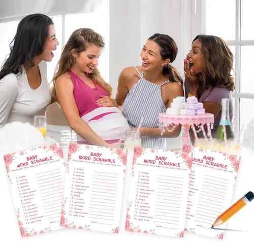 Vista 7 de OLOUTAB 50 Juegos de Baby Shower para Niña - Juego de Palabras con Tema Floral, Cartulina Gruesa, Divertido y Fácil de Jugar (Con Respuesta)