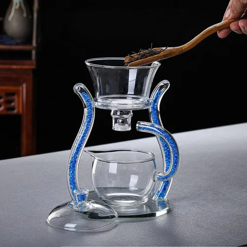 Vista 4 de RORA - Juego de té de vidrio Lazy Kungfu, semiautomático, con goteo giratorio e infusor, juego de tetera de vidrio (6 tazas)