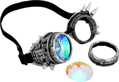Vista 94 de Gafas de caleidoscopio retro con pinchos, gafas de cristal arcoíris steampunk estilo soldadura, gafas de cosplay punk