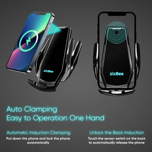 Vista 2 de Cargador inalámbrico de coche de 15 W - zicBee Qi soporte de teléfono de sujeción automática de carga rápida para iPhone 15 14 13 12 11