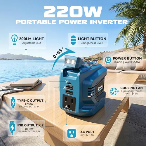 Vista 3 de Ecarke Inversor de corriente para batería Makita de 18 V: convertidor de 200 W de CC (18 V) a CA (110 V~120 V), toma de corriente con 2 puertos USB