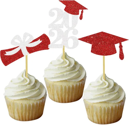 Vista 11 de Decoración para cupcakes de graduación, decoración de fiesta de graduación, selecciones de alimentos, felicitaciones, tapa de diploma con purpurina