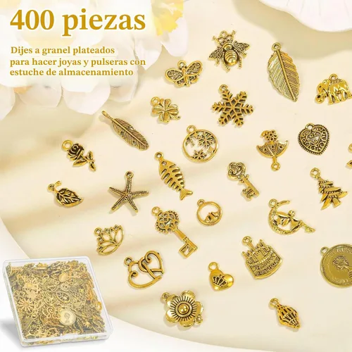 Vista 3 de 400 piezas al por mayor de lotes a granel para hacer joyas, pequeños dijes de metal tibetano antioro surtidos surtidos para collares, pulseras Oro