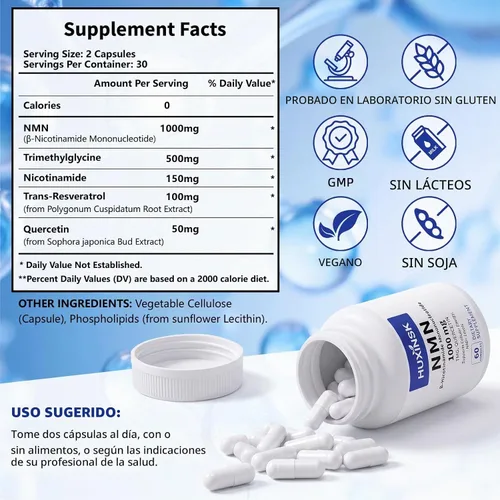 Vista 7 de Suplemento NMN 1000 mg, NMN liposomal 4 en 1 para suplemento NAD+ 60