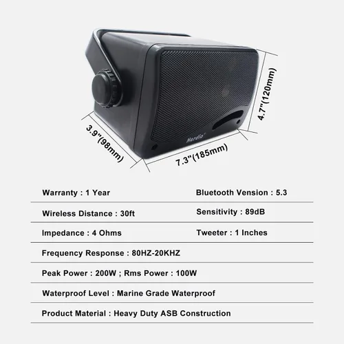 Vista 9 de Herdio Altavoces Bluetooth de 3.5" para exteriores con cable impermeables, altavoces de 200W de 3 vías de actualización premium para montar