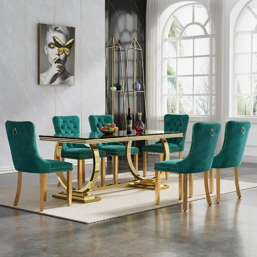 Vista 67 de HomVent Juego de mesa de comedor moderna de mármol sintético para 4 personas, mesa de cocina rectangular con 4 sillas beige (dorado)