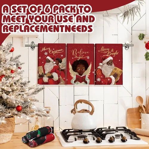 Vista 4 de Hosuly 6 Piezas Toallas de Cocina Navideñas Afroamericanas Paños de Platos de Santa Negro Toallas de Mano Navideñas Negras y Rojas Santa Ángel Acebo