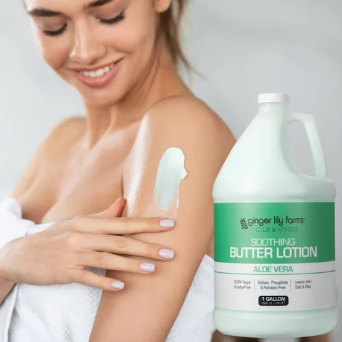 Vista 6 de Ginger Lily Farms Club & Fitness Loción de mantequilla calmante para piel seca, 100% vegana y libre de crueldad, aroma a aloe vera, repuesto de 1