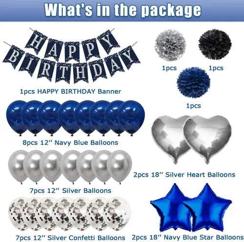 Vista 2 de Suministros para fiesta de cumpleaños de color azul marino y plateado para 25 invitados, incluye platos, tazas y servilletas, globos azul marino
