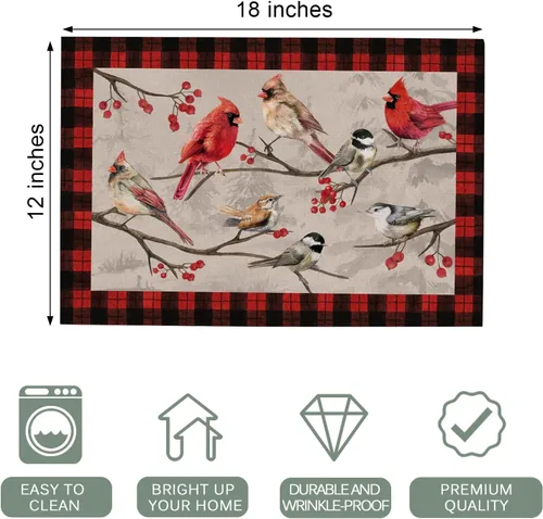 Vista 2 de Seliem Winter Birds - Juego de 4 manteles individuales de PVC, diseño vintage de cardenal con ramas de bayas rojas, manteles individuales de vinilo