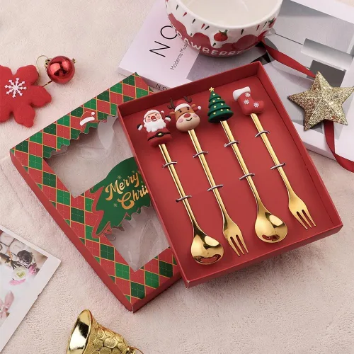 Vista 6 de Cuchara de Navidad de acero inoxidable para árbol de Navidad, cuchara de té para el hogar, cuchara de café de Navidad, tenedores de cena, cuchara
