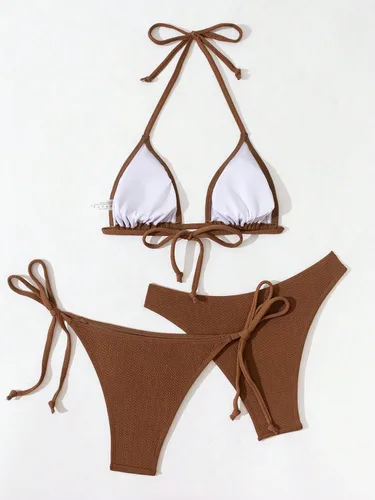 Vista 3 de Milumia Conjunto de bikini triangular de 3 piezas para mujer, trajes de baño de verano con parte superior halter