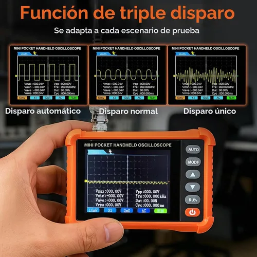 Vista 4 de BTMETER Mini osciloscopio digital de mano – Ancho de banda de 250 kHz, muestreo de 2.5 MSa/s, LCD de 2.8 pulgadas, disparador Naranja