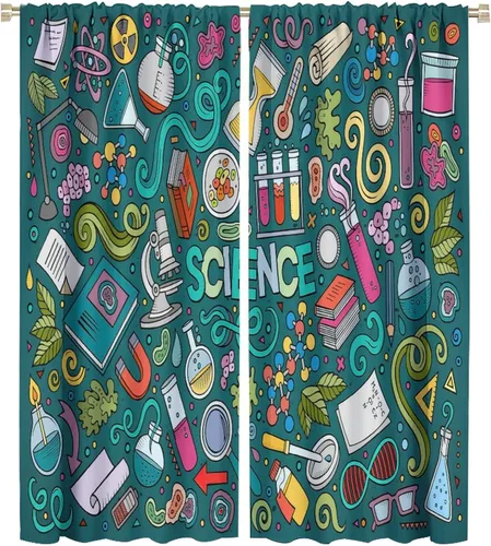 Vista 51 de Cortinas opacas para ventanas de ciencia para niños, lupa de libro de laboratorio de ciencia, lupa, frascos moleculares, cortinas impresas
