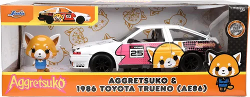 Vista 2 de Jada Toys Sanrio 1:24 1986 Toyota Trueno (AE86) - Figura de coche fundido a presión y Aggretsuko, juguetes para niños y adultos (33725)