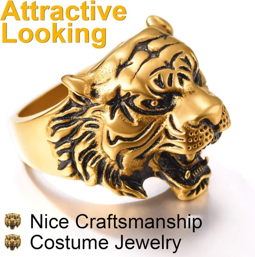Vista 5 de ChainsPro - Impresionantes anillos de cabeza de tigre para hombre, espíritu animal, bonita mano de obra, tallas 7 a 14, de acero inoxidable 316L