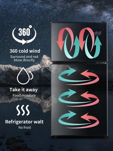Vista 5 de KRIB BLING Refrigerador de 3.5 pies cúbicos con congelador, puerta doble vintage, cerradura fresca, termostato ajustable de 7 niveles para Negro