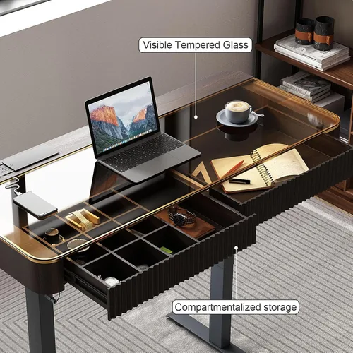 Vista 3 de Lartis Escritorio de oficina, mesa elevadora eléctrica para computadora, escritorio de pie con cajón de carga, puerto USB, mesa para computadora