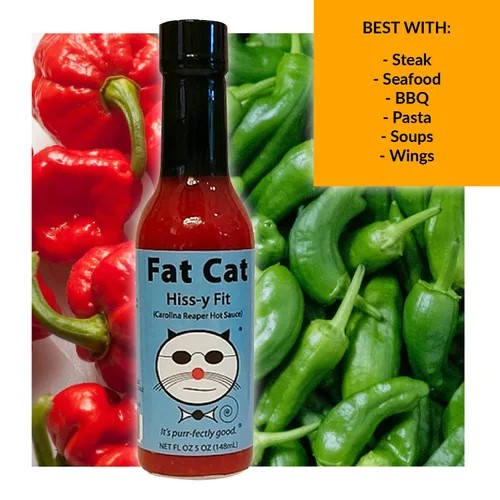 Vista 4 de Fat Cat Gourmet - Salsa picante "Hiss-y Fit" Carolina Reaper Salsa picante fuerte Para alas, sopas, sándwiches, pizza, tacos Extra caliente