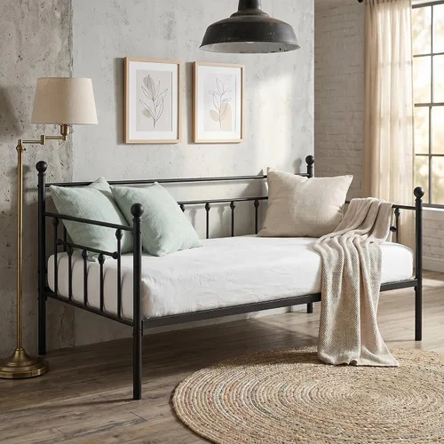 Vista 9 de VECELO - Marco de sofá cama de tamaño individual con soporte de listones de acero, cabecero, plataforma de cama para sala de estar, habitación
