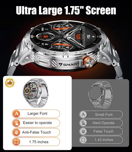 Vista 8 de LIGE Reloj inteligente militar para hombre, 730 mAh/1.75 pulgadas, pantalla táctil HD AMOLED, con linterna LED para Android iOS, rastreador