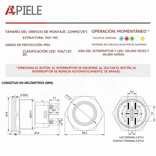 Vista 2 de APIELE Interruptor de botón momentáneo de 10 A, 22 mm, LED ojo de ángel, impermeable, redondo, autorresetable, 7/8'', 1NO 1NC