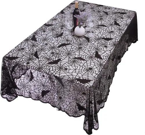 Vista 4 de Rockcloud Mantel rectangular de encaje de poliéster para decoración de Halloween, cenas, 71 x 53 pulgadas 71 x 53 inches, Black Spider Web Table