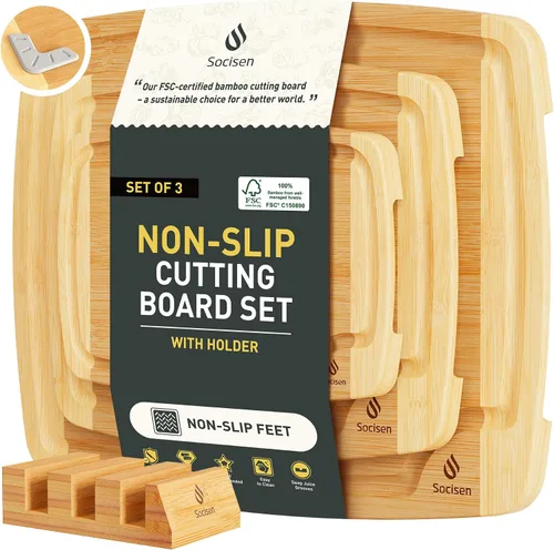Vista 19 de Tabla de cortar de bambú extra grande con pies antideslizantes y tabla de cortar de madera para cocina con ranura de jugos para carne, verduras