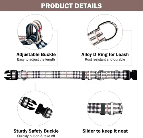 Vista 4 de Hikiko - Collar de cuadros para perros con collar ajustable de nylon Martingale con hebilla de liberación rápida (Pluma de beige, X-Pequeño)