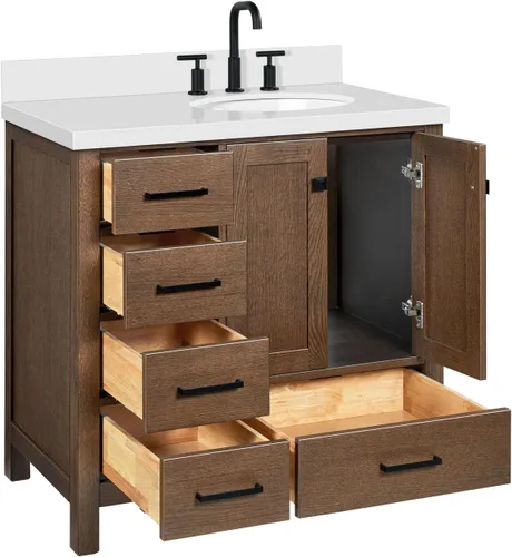 Vista 10 de ARIEL Cambridge tocador de baño con fregadero, madera maciza, encimera y protector contra salpicaduras de cuarzo blanco puro de 1.5 pulgadas