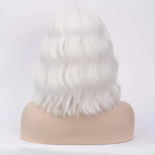Vista 5 de DWMGLP Peluca rizada blanca corta de 14 pulgadas para mujeres y niñas, pelucas de fibra resistentes al calor, Halloween, cosplay, fiesta diaria +