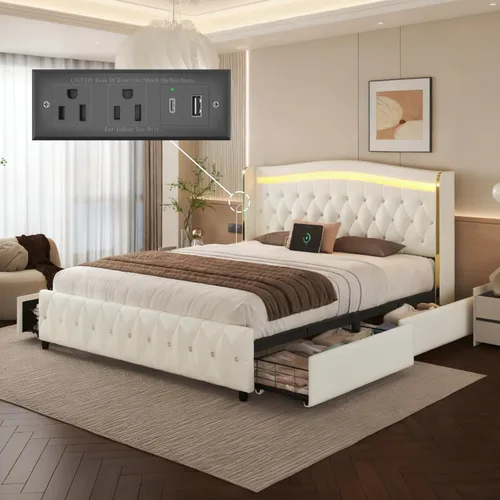 Vista 11 de E-Motie Base de cama tamaño completo con cabecera tipo wingback, plataforma tapizada con luces LED RGB, estación de carga, 4 cajones