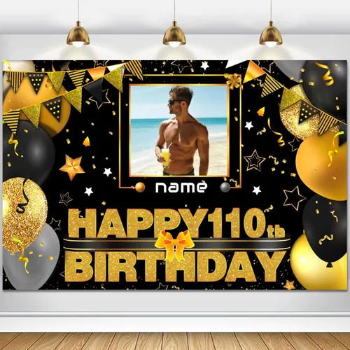Vista 68 de Cartel decorativo personalizado de feliz cumpleaños número 100 - Personalización disponible - Negro y dorado - Tamaño grande - Admite fotos