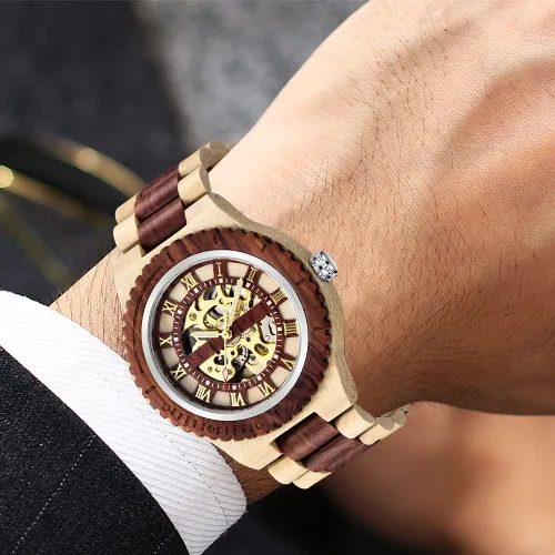 Vista 6 de Dentily Reloj de madera para hombre, triángulo, esqueleto automático, reloj mecánico de madera para hombre