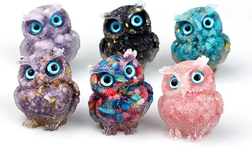 Vista 7 de DIYOMR 2 estatuas de búho de cristal hechas a mano, piedras preciosas curativas de reiki, figuras de animales de búho coloridas que atraen riqueza