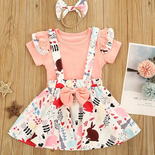 Vista 2 de AIMAOMI Conjunto de falda de conejo con tirantes y mangas con volantes para niñas pequeñas