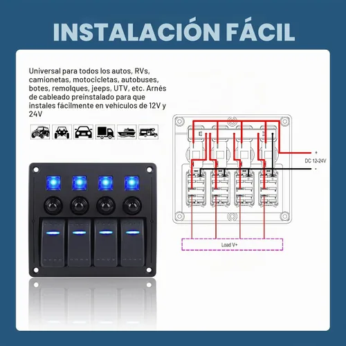 Vista 3 de Panel de Interruptores Marinos de 4 Posiciones Impermeable, Panel de Interruptores Basculantes de Barco Impermeable 12V/24 voltios Interruptor