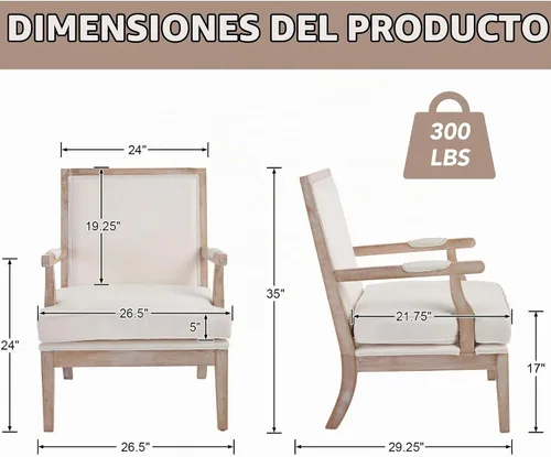 Vista 2 de Silla decorativa moderna de granja, sillón tapizado ancho de lino con reposabrazos, silla de lectura de madera maciza de campo francés para sala