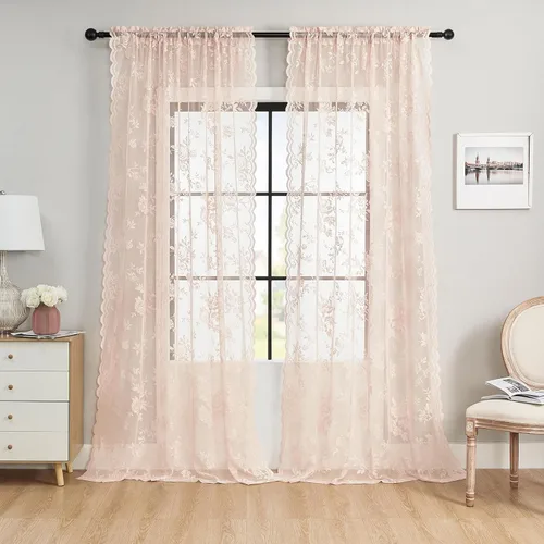 Vista 54 de Cortinas de encaje beige, juego de 2 paneles de cortinas traslúcidas con bolsillo para cortinero, decoración de ventana pequeña, baño, sótano
