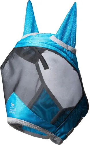 Vista 38 de Harrison Howard Máscara de mosca de caballo luminosa profesional estándar con orejas protección UV para caballo, azul y plateado, pequeño poni Azul