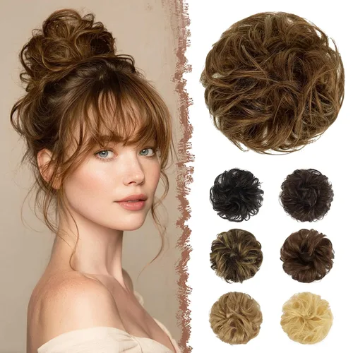 Vista 20 de FESHFEN - Extensiones de moño desordenado humano 100% cabello real, piezas de cabello rizado, extensiones de cola de caballo, cabello ondulado